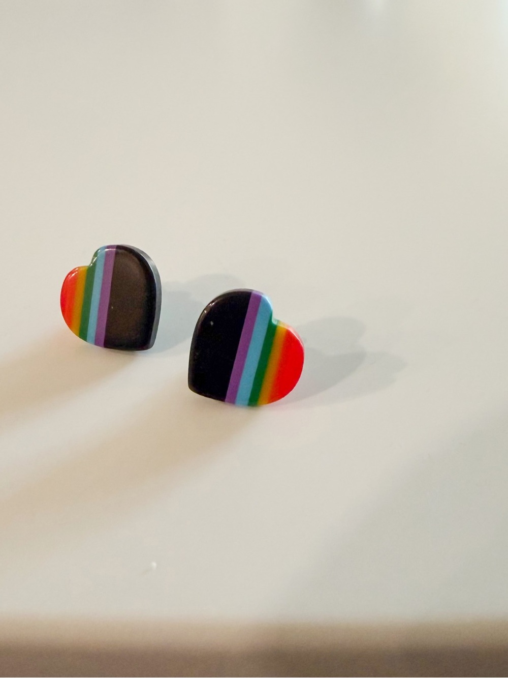 Vintage 80s Heart Rainbow Stripe Stud Earrings - Black & Multicolor